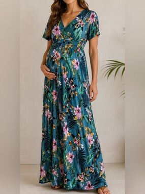 Xpenyo 2XL maternity crisscross stretch comfy tropical maxi dress vacation boho